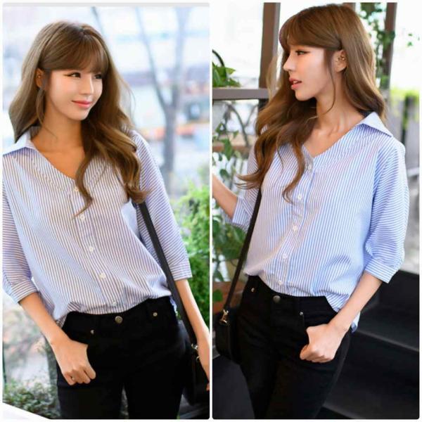 レディース　スキッパーシャツ　ストライプ　ブラウス　七分袖　春　夏　トップス　カジュアル　キュート　可愛い　フェミニン　きれいめ　上品　エレガント　おしゃれ　お出かけ　デイリー　普段着　ブルー　S　M　L　XL　サイズ　送料無料