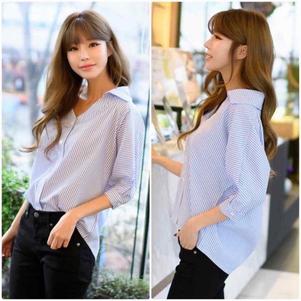 レディース　スキッパーシャツ　ストライプ　ブラウス　七分袖　春　夏　トップス　カジュアル　キュート　可愛い　フェミニン　きれいめ　上品　エレガント　おしゃれ　お出かけ　デイリー　普段着　ブルー　S　M　L　XL　サイズ　送料無料