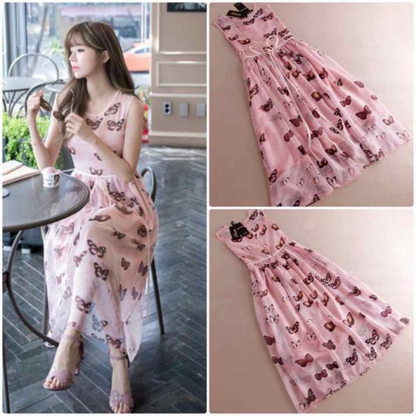 レディース　ワンピース　ノースリーブ　マキシ丈　蝶　春　夏　スカート　カジュアル　キュート　可愛い　フェミニン　きれいめ　上品　エレガント　おしゃれ　お出かけ　デイリー　普段着　ピンク　S　M　L　XL　サイズ　送料無料