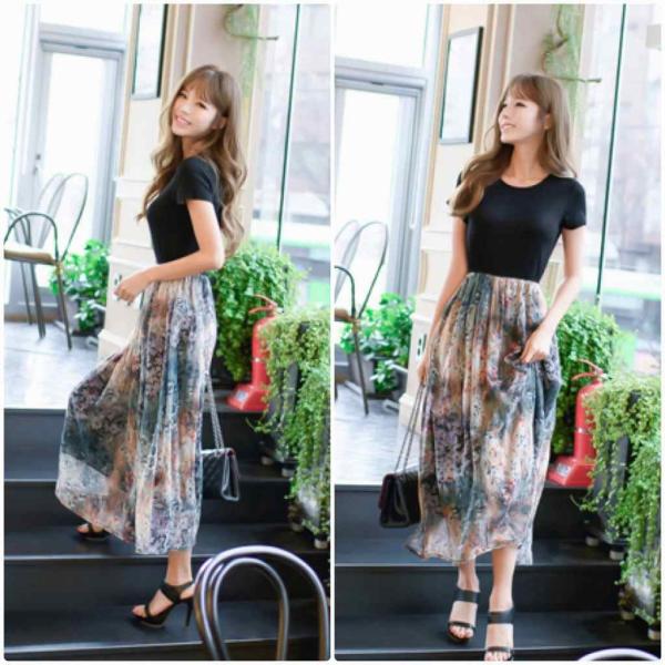 レディース　ワンピース　ハイウエスト　半袖　花柄　マキシ丈　春　夏　スカート　カジュアル　キュート　可愛い　フェミニン　きれいめ　上品　エレガント　おしゃれ　お出かけ　デイリー　普段着　ブラック　S　M　L　XL　サイズ　送料無料