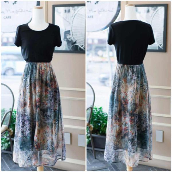 レディース　ワンピース　ハイウエスト　半袖　花柄　マキシ丈　春　夏　スカート　カジュアル　キュート　可愛い　フェミニン　きれいめ　上品　エレガント　おしゃれ　お出かけ　デイリー　普段着　ブラック　S　M　L　XL　サイズ　送料無料