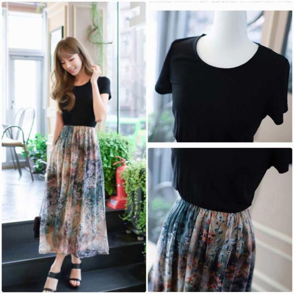 レディース　ワンピース　ハイウエスト　半袖　花柄　マキシ丈　春　夏　スカート　カジュアル　キュート　可愛い　フェミニン　きれいめ　上品　エレガント　おしゃれ　お出かけ　デイリー　普段着　ブラック　S　M　L　XL　サイズ　送料無料