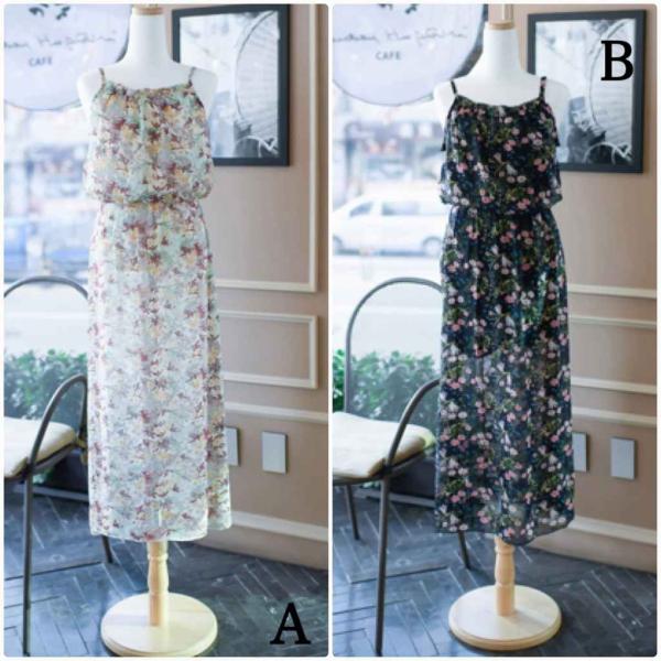 レディース　ワンピース　花柄　ボタニカル柄　マキシ丈　ノースリーブ　キャミソール　春　夏　スカート　カジュアル　キュート　可愛い　フェミニン　きれいめ　上品　エレガント　おしゃれ　お出かけ　デイリー　ホワイト　ブラック　S　M　L　XL　サイズ　送料無料