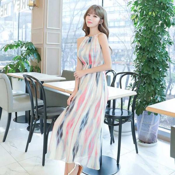 レディース　ワンピース　ノースリーブ　シフォン　ロングワンピ　ストライプ　フレア　ロング丈　カジュアル　大人可愛い　キュート　フェミニン　お出かけ　デート　デイリー　リゾート　ホワイト　S　M　L　XL　送料無料