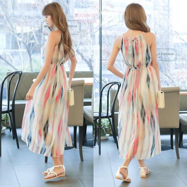 レディース　ワンピース　ノースリーブ　シフォン　ロングワンピ　ストライプ　フレア　ロング丈　カジュアル　大人可愛い　キュート　フェミニン　お出かけ　デート　デイリー　リゾート　ホワイト　S　M　L　XL　送料無料