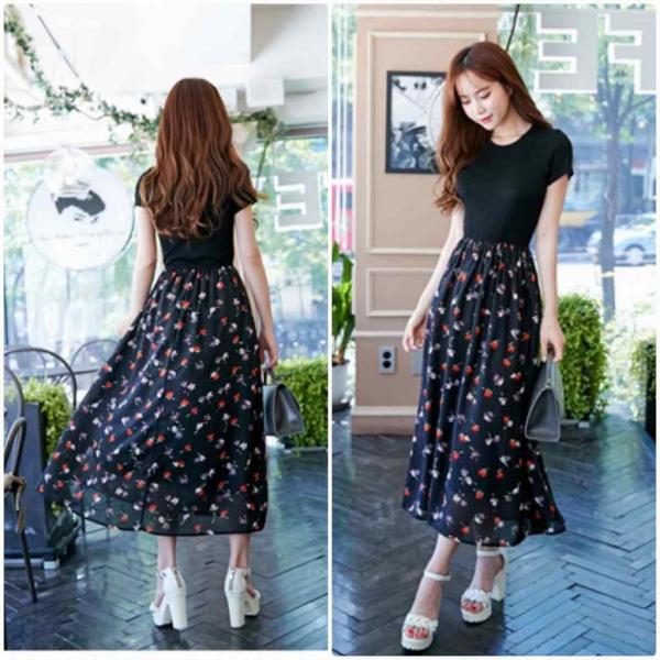 レディース　シフォン　ワンピース　ドレス　半袖　花柄　ロング丈　春　夏　スカート　カジュアル　キュート　可愛い　フェミニン　きれいめ　上品　エレガント　おしゃれ　お出かけ　デイリー　普段着　ブラック　S　M　L　XL　サイズ　送料無料