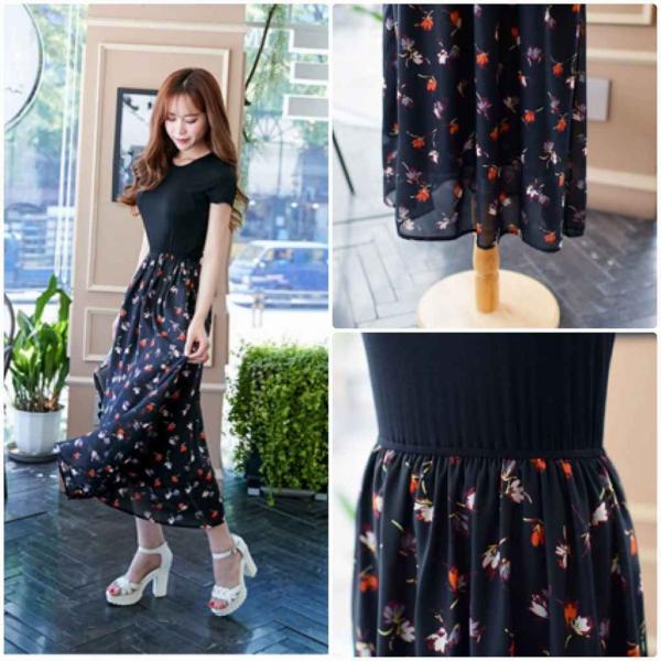 レディース　シフォン　ワンピース　ドレス　半袖　花柄　ロング丈　春　夏　スカート　カジュアル　キュート　可愛い　フェミニン　きれいめ　上品　エレガント　おしゃれ　お出かけ　デイリー　普段着　ブラック　S　M　L　XL　サイズ　送料無料