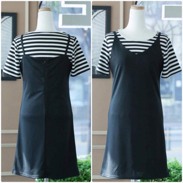 レディース　ボーダーTシャツ　キャミワンピ　ワンピース　半袖　ミニ丈　春　夏　スカート　カジュアル　キュート　可愛い　フェミニン　きれいめ　上品　エレガント　おしゃれ　お出かけ　デイリー　普段着　ブラック　S　M　L　XL　サイズ　送料無料