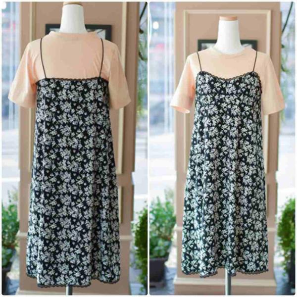 レディース　キャミワンピ　ワンピース　花柄　ボタニカル柄　ミディ丈　春　夏　スカート　カジュアル　キュート　可愛い　フェミニン　きれいめ　上品　エレガント　おしゃれ　お出かけ　デイリー　普段着　ブラック　S　M　L　XL　サイズ　送料無料