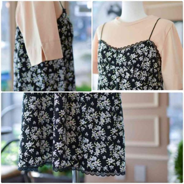 レディース　キャミワンピ　ワンピース　花柄　ボタニカル柄　ミディ丈　春　夏　スカート　カジュアル　キュート　可愛い　フェミニン　きれいめ　上品　エレガント　おしゃれ　お出かけ　デイリー　普段着　ブラック　S　M　L　XL　サイズ　送料無料