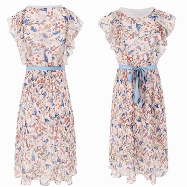 レディース　シフォン　ワンピース　フレアスリーブ　ミディ丈　プリーツスカート　リボン付き　春　夏　スカート　カジュアル　キュート　可愛い　フェミニン　きれいめ　上品　エレガント　おしゃれ　お出かけ　デイリー　パープル　S　M　L　XL　サイズ　送料無料