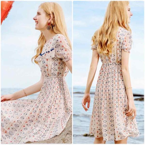 レディース　シフォン　ワンピース　キャンディスリーブ　ボリュームスリーブ　ミディ丈　　春　夏　スカート　カジュアル　キュート　可愛い　フェミニン　きれいめ　上品　エレガント　おしゃれ　お出かけ　デイリー　普段着　ベージュ　S　M　L　XL　サイズ　送料無料