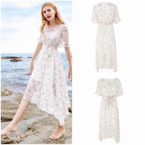 レディース　ワンピース　透け感　透け素材　半袖　花柄　Vネック　フレアスリーブ　春　夏　スカート　カジュアル　キュート　可愛い　フェミニン　きれいめ　上品　エレガント　おしゃれ　お出かけ　デイリー　普段着　ホワイト　S　M　L　XL　サイズ　送料無料