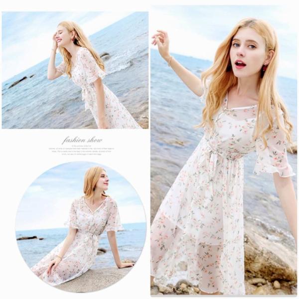 レディース　ワンピース　透け感　透け素材　半袖　花柄　Vネック　フレアスリーブ　春　夏　スカート　カジュアル　キュート　可愛い　フェミニン　きれいめ　上品　エレガント　おしゃれ　お出かけ　デイリー　普段着　ホワイト　S　M　L　XL　サイズ　送料無料
