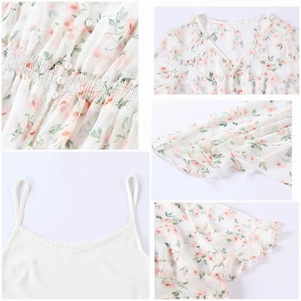 レディース　ワンピース　透け感　透け素材　半袖　花柄　Vネック　フレアスリーブ　春　夏　スカート　カジュアル　キュート　可愛い　フェミニン　きれいめ　上品　エレガント　おしゃれ　お出かけ　デイリー　普段着　ホワイト　S　M　L　XL　サイズ　送料無料