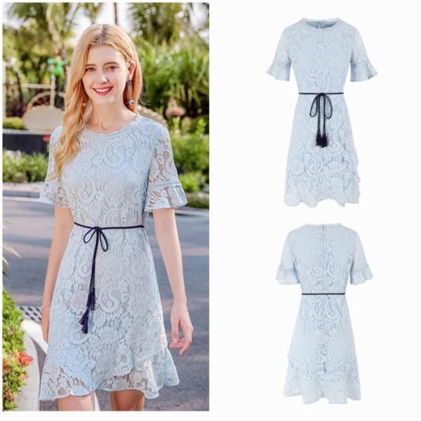 レディース　総レース　ワンピース　ドレス　タイト　フレアスリーブ　半袖　ミニ丈　春　夏　スカート　結婚式　フォーマル　二次会　お呼ばれ　パーティードレス　きれいめ　清楚　上品　エレガント　おしゃれ　お出かけ　ブルー　S　M　L　XL　サイズ　送料無料