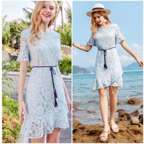 レディース　総レース　ワンピース　ドレス　タイト　フレアスリーブ　半袖　ミニ丈　春　夏　スカート　結婚式　フォーマル　二次会　お呼ばれ　パーティードレス　きれいめ　清楚　上品　エレガント　おしゃれ　お出かけ　ブルー　S　M　L　XL　サイズ　送料無料