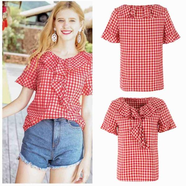 レディース　チェック柄　シャツ　半袖　フレアスリーブ　ブラウス　春　夏　トップス　カジュアル　キュート　可愛い　フェミニン　きれいめ　上品　エレガント　おしゃれ　お出かけ　デイリー　普段着　レッド　S　M　L　XL　サイズ　送料無料