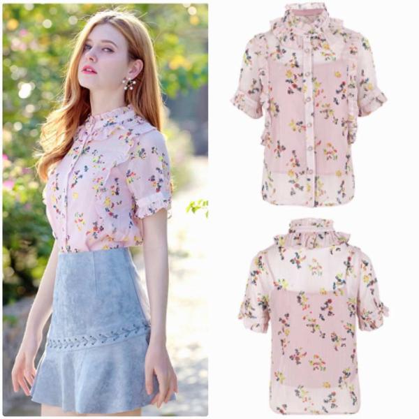 レディース　花柄　ブラウス　シャツ　半袖　フレアスリーブ　キャンディスリーブ　春　夏　トップス　カジュアル　キュート　可愛い　フェミニン　きれいめ　上品　エレガント　おしゃれ　お出かけ　デイリー　普段着　ピンク　S　M　L　XL　サイズ　送料無料