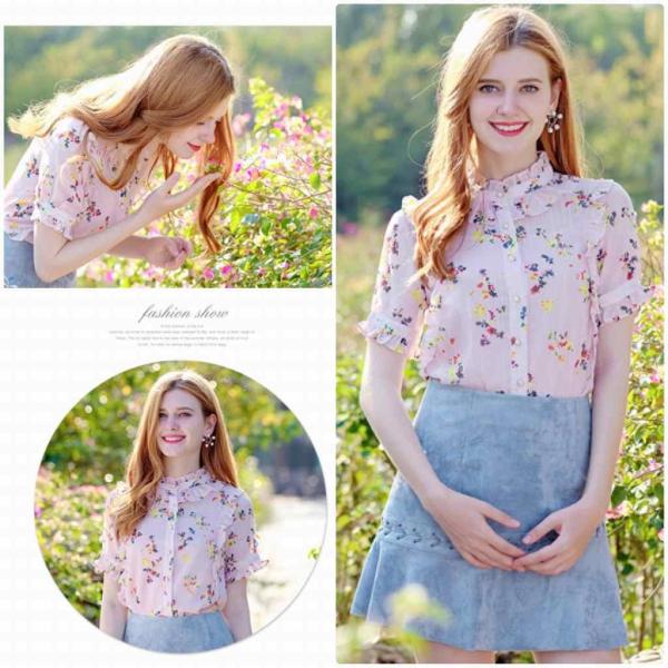 レディース　花柄　ブラウス　シャツ　半袖　フレアスリーブ　キャンディスリーブ　春　夏　トップス　カジュアル　キュート　可愛い　フェミニン　きれいめ　上品　エレガント　おしゃれ　お出かけ　デイリー　普段着　ピンク　S　M　L　XL　サイズ　送料無料