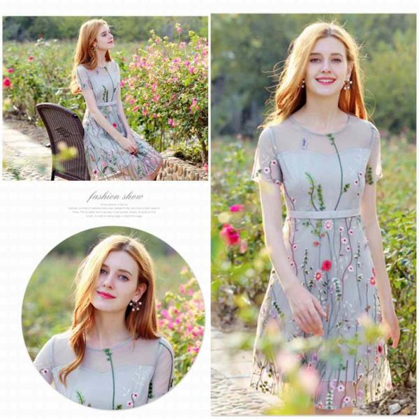 レディース　ワンピース　ドレス　透け感　透け素材　花柄　刺繍　ラウンドネック　半袖　春　夏　スカート　カジュアル　キュート　可愛い　フェミニン　きれいめ　上品　エレガント　おしゃれ　お出かけ　デイリー　普段着　グレー　S　M　L　XL　サイズ　送料無料