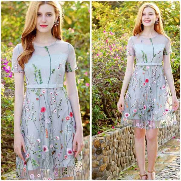 レディース　ワンピース　ドレス　透け感　透け素材　花柄　刺繍　ラウンドネック　半袖　春　夏　スカート　カジュアル　キュート　可愛い　フェミニン　きれいめ　上品　エレガント　おしゃれ　お出かけ　デイリー　普段着　グレー　S　M　L　XL　サイズ　送料無料