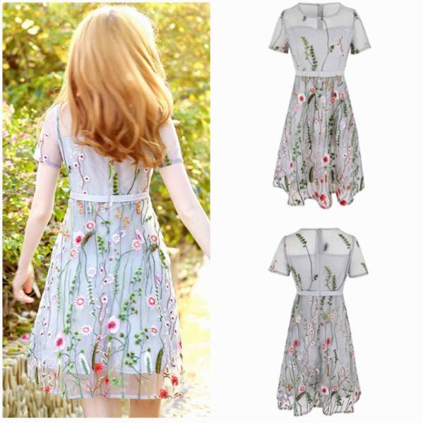 レディース　ワンピース　ドレス　透け感　透け素材　花柄　刺繍　ラウンドネック　半袖　春　夏　スカート　カジュアル　キュート　可愛い　フェミニン　きれいめ　上品　エレガント　おしゃれ　お出かけ　デイリー　普段着　グレー　S　M　L　XL　サイズ　送料無料