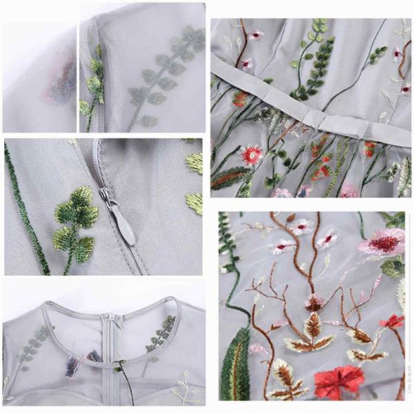 レディース　ワンピース　ドレス　透け感　透け素材　花柄　刺繍　ラウンドネック　半袖　春　夏　スカート　カジュアル　キュート　可愛い　フェミニン　きれいめ　上品　エレガント　おしゃれ　お出かけ　デイリー　普段着　グレー　S　M　L　XL　サイズ　送料無料