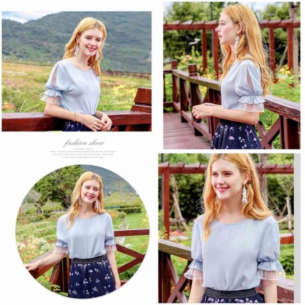 レディース　ブラウス　シャツ　半袖　キャンディスリーブ　透け感　透け素材　ラウンドネック　春　夏　トップス　カジュアル　キュート　可愛い　フェミニン　きれいめ　上品　エレガント　おしゃれ　お出かけ　デイリー　普段着　ブルー　S　M　L　XL　サイズ　送料無料