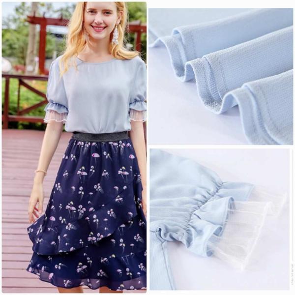 レディース　ブラウス　シャツ　半袖　キャンディスリーブ　透け感　透け素材　ラウンドネック　春　夏　トップス　カジュアル　キュート　可愛い　フェミニン　きれいめ　上品　エレガント　おしゃれ　お出かけ　デイリー　普段着　ブルー　S　M　L　XL　サイズ　送料無料