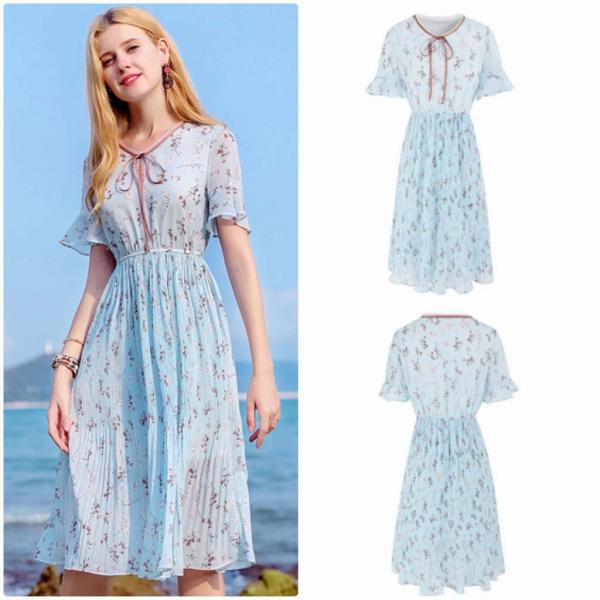 レディース　ワンピース　ドレス　透け感　透け素材　フレアスリーブ　花柄　首元リボン　半袖　春　夏　スカート　カジュアル　キュート　可愛い　フェミニン　きれいめ　上品　エレガント　おしゃれ　お出かけ　デイリー　普段着　ブルー　S　M　L　XL　サイズ　送料無料