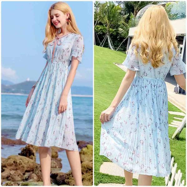 レディース　ワンピース　ドレス　透け感　透け素材　フレアスリーブ　花柄　首元リボン　半袖　春　夏　スカート　カジュアル　キュート　可愛い　フェミニン　きれいめ　上品　エレガント　おしゃれ　お出かけ　デイリー　普段着　ブルー　S　M　L　XL　サイズ　送料無料