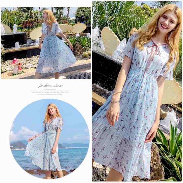 レディース　ワンピース　ドレス　透け感　透け素材　フレアスリーブ　花柄　首元リボン　半袖　春　夏　スカート　カジュアル　キュート　可愛い　フェミニン　きれいめ　上品　エレガント　おしゃれ　お出かけ　デイリー　普段着　ブルー　S　M　L　XL　サイズ　送料無料