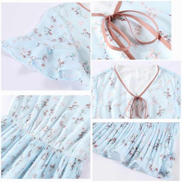 レディース　ワンピース　ドレス　透け感　透け素材　フレアスリーブ　花柄　首元リボン　半袖　春　夏　スカート　カジュアル　キュート　可愛い　フェミニン　きれいめ　上品　エレガント　おしゃれ　お出かけ　デイリー　普段着　ブルー　S　M　L　XL　サイズ　送料無料