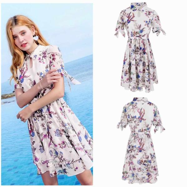 レディース　シフォン　ワンピース　ドレス　ボリュームスリーブ　花柄　半袖　春　夏　スカート　カジュアル　キュート　可愛い　フェミニン　きれいめ　上品　エレガント　おしゃれ　お出かけ　デイリー　普段着　ホワイト　S　M　L　XL　サイズ　送料無料