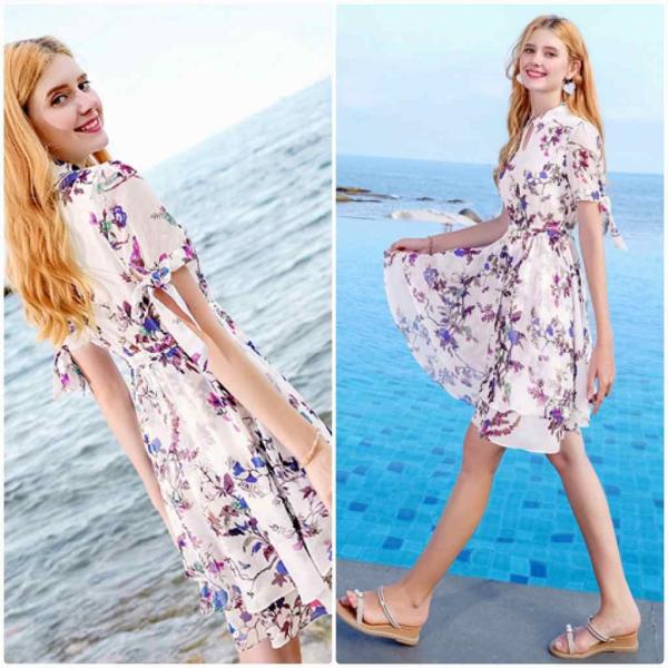 レディース　シフォン　ワンピース　ドレス　ボリュームスリーブ　花柄　半袖　春　夏　スカート　カジュアル　キュート　可愛い　フェミニン　きれいめ　上品　エレガント　おしゃれ　お出かけ　デイリー　普段着　ホワイト　S　M　L　XL　サイズ　送料無料