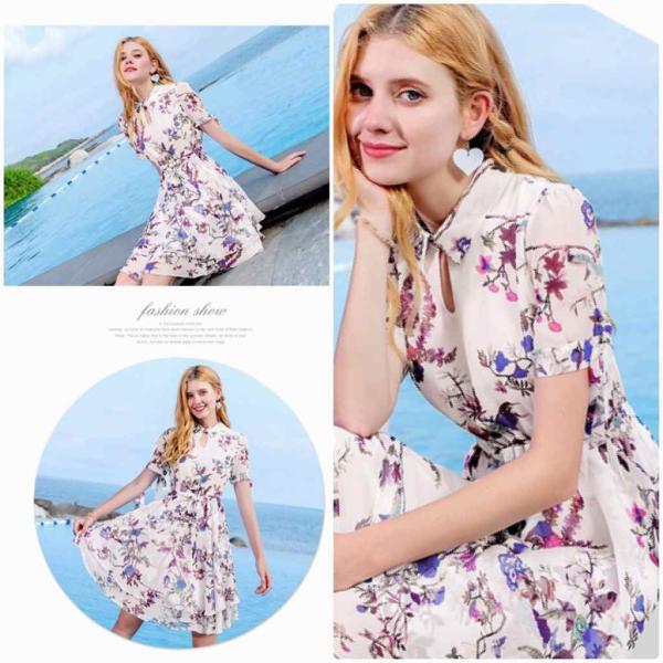 レディース　シフォン　ワンピース　ドレス　ボリュームスリーブ　花柄　半袖　春　夏　スカート　カジュアル　キュート　可愛い　フェミニン　きれいめ　上品　エレガント　おしゃれ　お出かけ　デイリー　普段着　ホワイト　S　M　L　XL　サイズ　送料無料