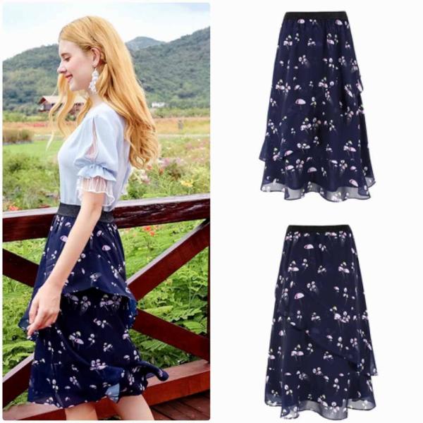 レディース　シフォン　スカート　ハイウエスト　フレア　ウエストゴム　春　夏　ボトムス　カジュアル　キュート　大人　可愛い　フェミニン　きれいめ　おしゃれ　お出かけ　デイリー　オフィス　普段着　ネイビー　S　M　L　XL　サイズ　送料無料