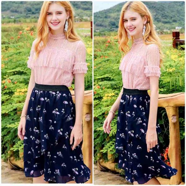 レディース　シフォン　スカート　ハイウエスト　フレア　ウエストゴム　春　夏　ボトムス　カジュアル　キュート　大人　可愛い　フェミニン　きれいめ　おしゃれ　お出かけ　デイリー　オフィス　普段着　ネイビー　S　M　L　XL　サイズ　送料無料