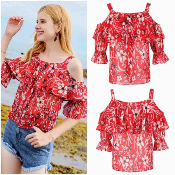 レディース　肩出し　肩見せ　オフショルダー　シフォン　ブラウス　シャツ　フレア　春　夏　トップス　カジュアル　キュート　可愛い　フェミニン　きれいめ　上品　エレガント　おしゃれ　お出かけ　デイリー　普段着　レッド　S　M　L　XL　サイズ　送料無料