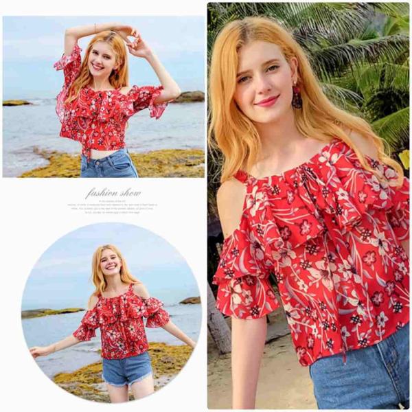レディース　肩出し　肩見せ　オフショルダー　シフォン　ブラウス　シャツ　フレア　春　夏　トップス　カジュアル　キュート　可愛い　フェミニン　きれいめ　上品　エレガント　おしゃれ　お出かけ　デイリー　普段着　レッド　S　M　L　XL　サイズ　送料無料