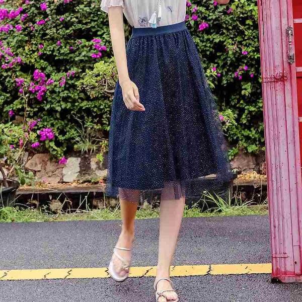 レディース　透け感　透け素材　ミディ丈　スカート　ハイウエスト　ウエストゴム　春　夏　ボトムス　カジュアル　キュート　大人　可愛い　フェミニン　きれいめ　おしゃれ　お出かけ　デイリー　オフィス　普段着　ネイビー　S　M　L　XL　サイズ　送料無料