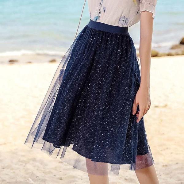 レディース　透け感　透け素材　ミディ丈　スカート　ハイウエスト　ウエストゴム　春　夏　ボトムス　カジュアル　キュート　大人　可愛い　フェミニン　きれいめ　おしゃれ　お出かけ　デイリー　オフィス　普段着　ネイビー　S　M　L　XL　サイズ　送料無料