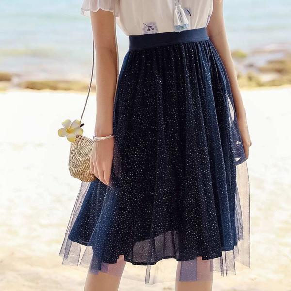 レディース　透け感　透け素材　ミディ丈　スカート　ハイウエスト　ウエストゴム　春　夏　ボトムス　カジュアル　キュート　大人　可愛い　フェミニン　きれいめ　おしゃれ　お出かけ　デイリー　オフィス　普段着　ネイビー　S　M　L　XL　サイズ　送料無料