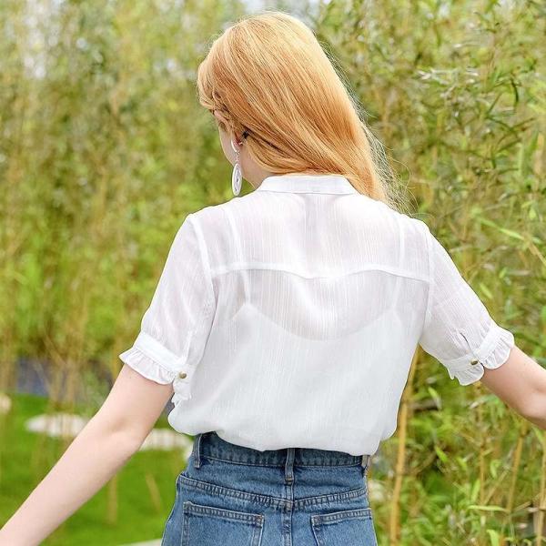 レディース　キャンディスリーブ　ボリュームスリーブ　レース　ブラウス　シャツ　半袖　春　夏　トップス　カジュアル　キュート　可愛い　フェミニン　きれいめ　上品　エレガント　おしゃれ　お出かけ　デイリー　普段着　ホワイト　S　M　L　XL　サイズ　送料無料