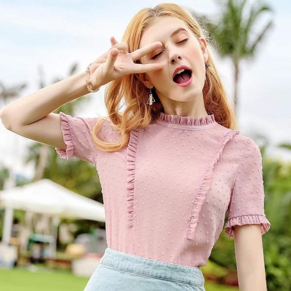 レディース　フレアスリーブ　ボリュームスリーブ　フリル　ブラウス　シャツ　半袖　春　夏　トップス　カジュアル　キュート　可愛い　フェミニン　きれいめ　上品　エレガント　おしゃれ　お出かけ　デイリー　普段着　ピンク　S　M　L　XL　サイズ　送料無料