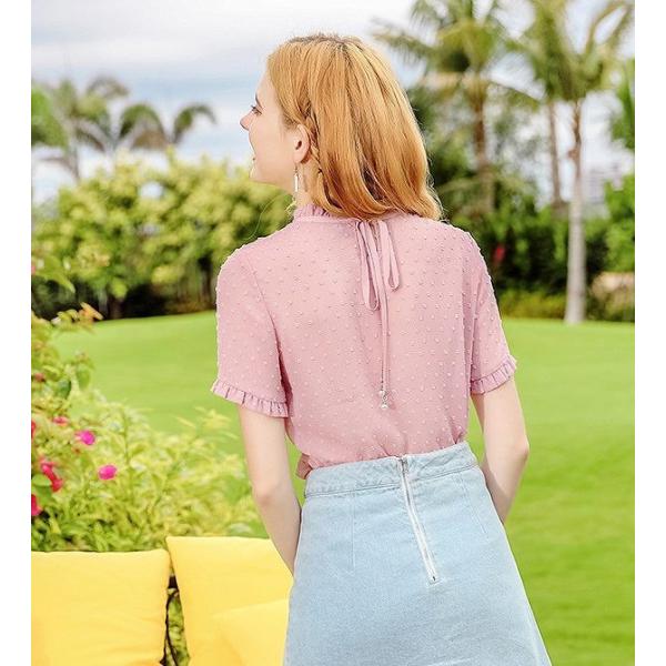 レディース　フレアスリーブ　ボリュームスリーブ　フリル　ブラウス　シャツ　半袖　春　夏　トップス　カジュアル　キュート　可愛い　フェミニン　きれいめ　上品　エレガント　おしゃれ　お出かけ　デイリー　普段着　ピンク　S　M　L　XL　サイズ　送料無料