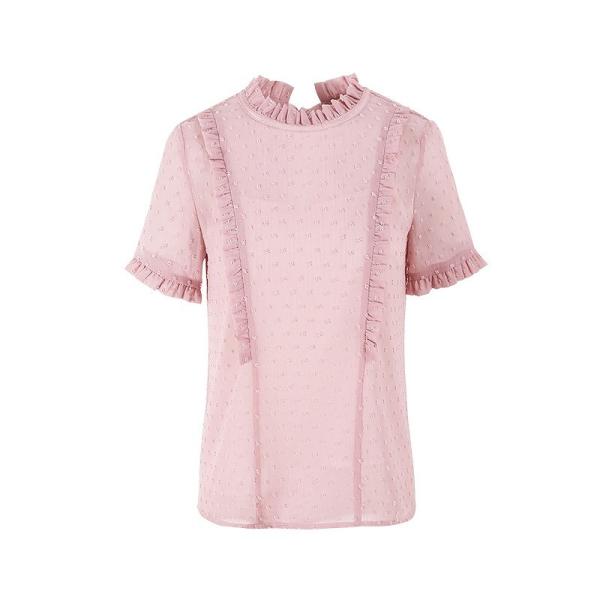 レディース　フレアスリーブ　ボリュームスリーブ　フリル　ブラウス　シャツ　半袖　春　夏　トップス　カジュアル　キュート　可愛い　フェミニン　きれいめ　上品　エレガント　おしゃれ　お出かけ　デイリー　普段着　ピンク　S　M　L　XL　サイズ　送料無料