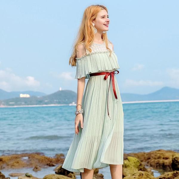 レディース　ショルダーカット　肩出し　肩見せ　オフショルダー　シフォン　ワンピース　ドレス　ミモレ丈　春　夏　スカート　カジュアル　キュート　可愛い　フェミニン　きれいめ　上品　エレガント　おしゃれ　お出かけ　グリーン　S　M　L　XL　サイズ　送料無料