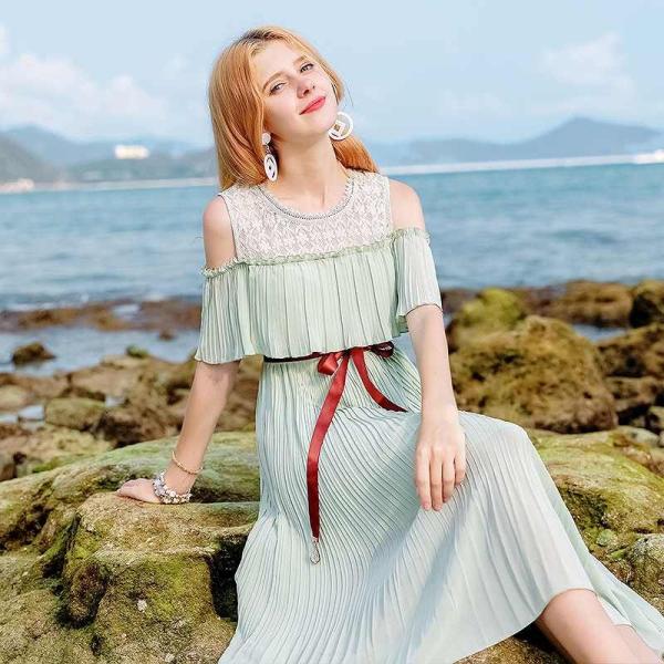 レディース　ショルダーカット　肩出し　肩見せ　オフショルダー　シフォン　ワンピース　ドレス　ミモレ丈　春　夏　スカート　カジュアル　キュート　可愛い　フェミニン　きれいめ　上品　エレガント　おしゃれ　お出かけ　グリーン　S　M　L　XL　サイズ　送料無料